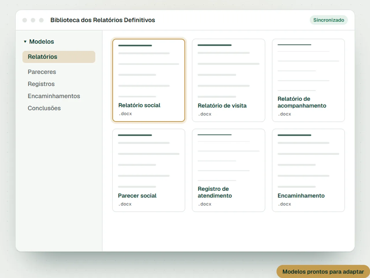 Ilustração da Biblioteca com os modelos de relatórios, pareceres, registros e encaminhamentos