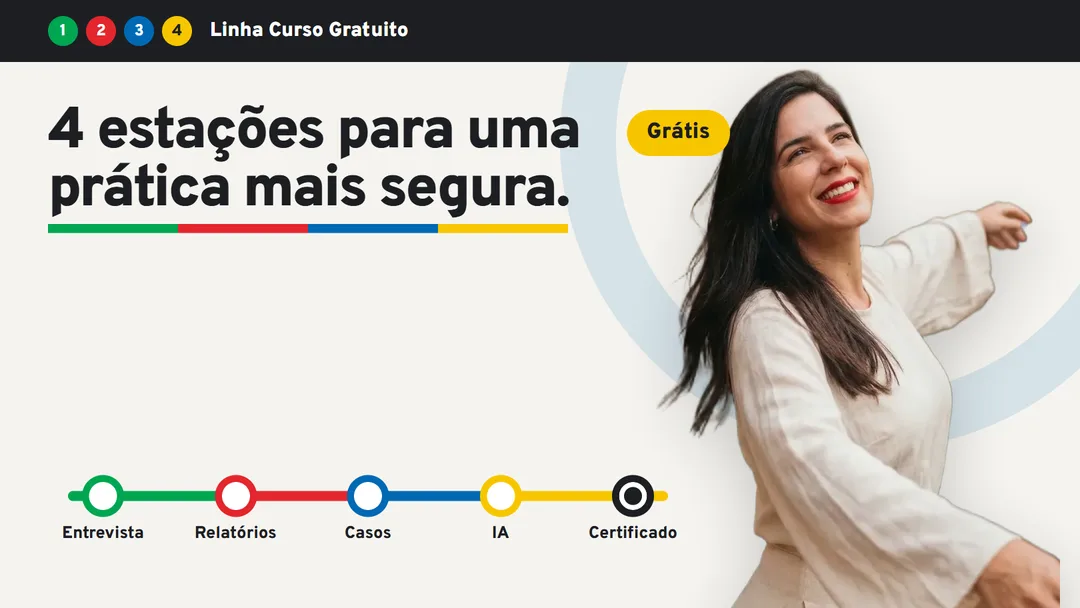Mapa da linha do curso gratuito com 4 estações e a Tamara