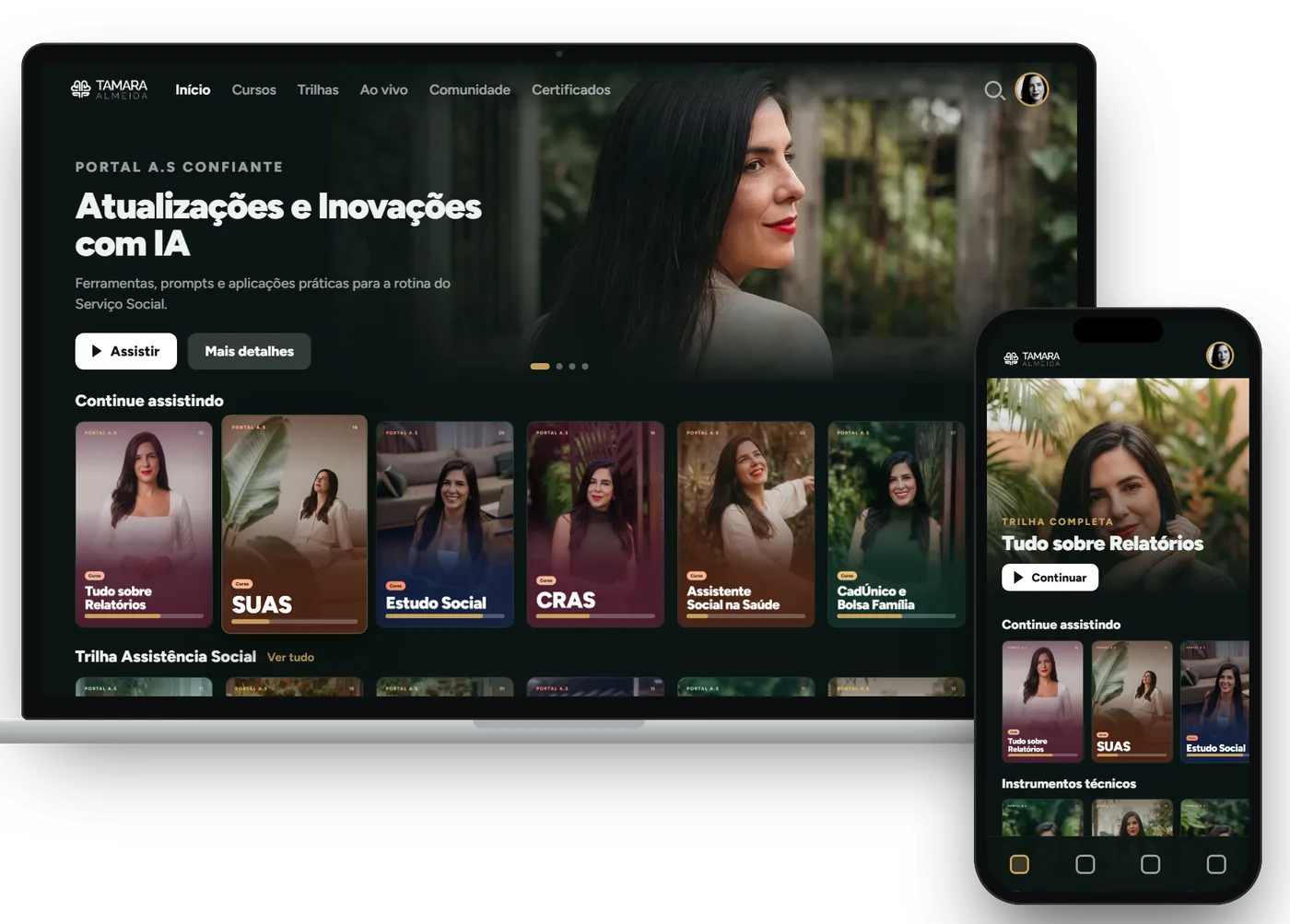 A área de alunas do Portal AS Confiante no notebook e no celular