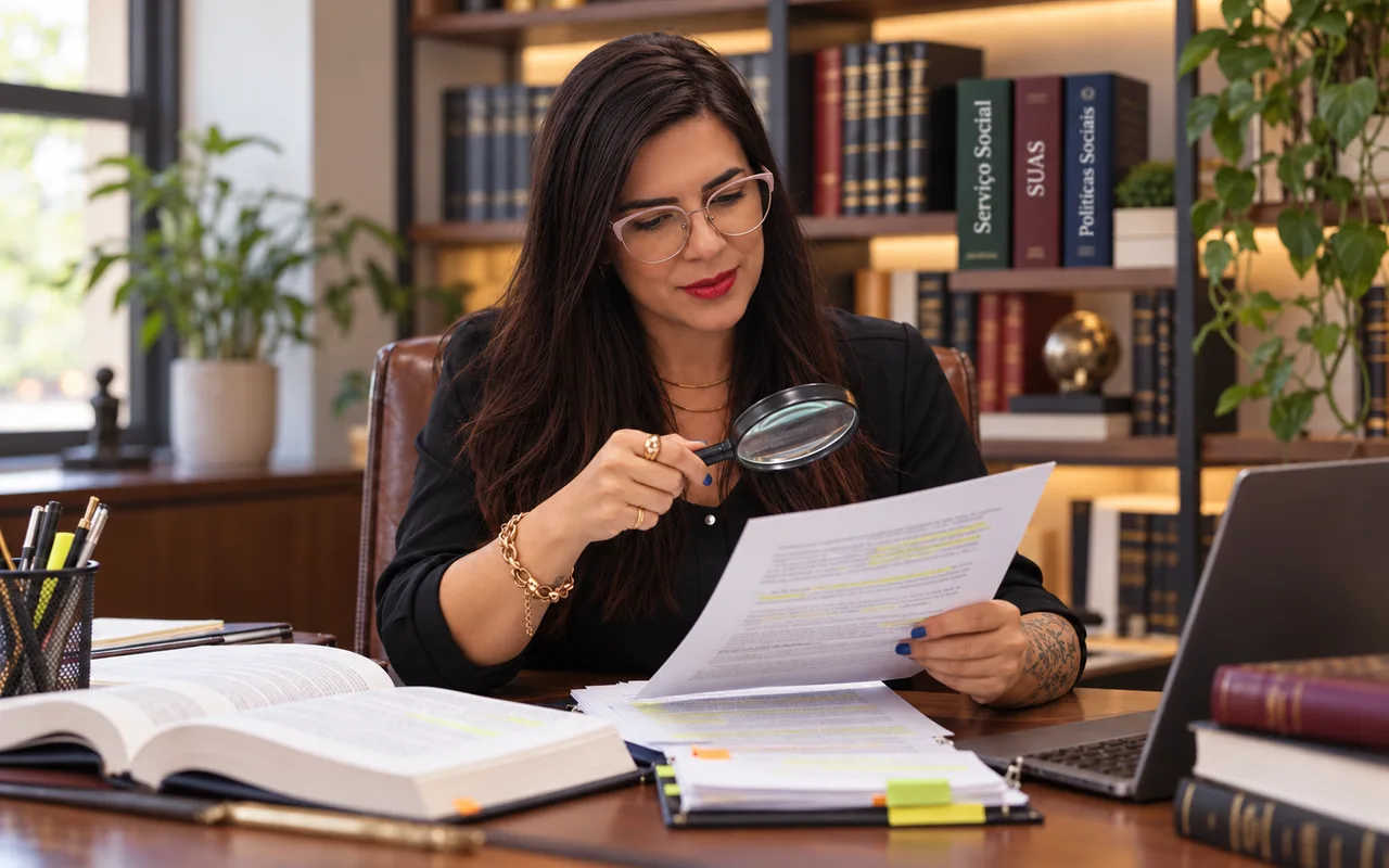 Tamara Almeida analisando um documento com uma lupa, em seu escritório.
