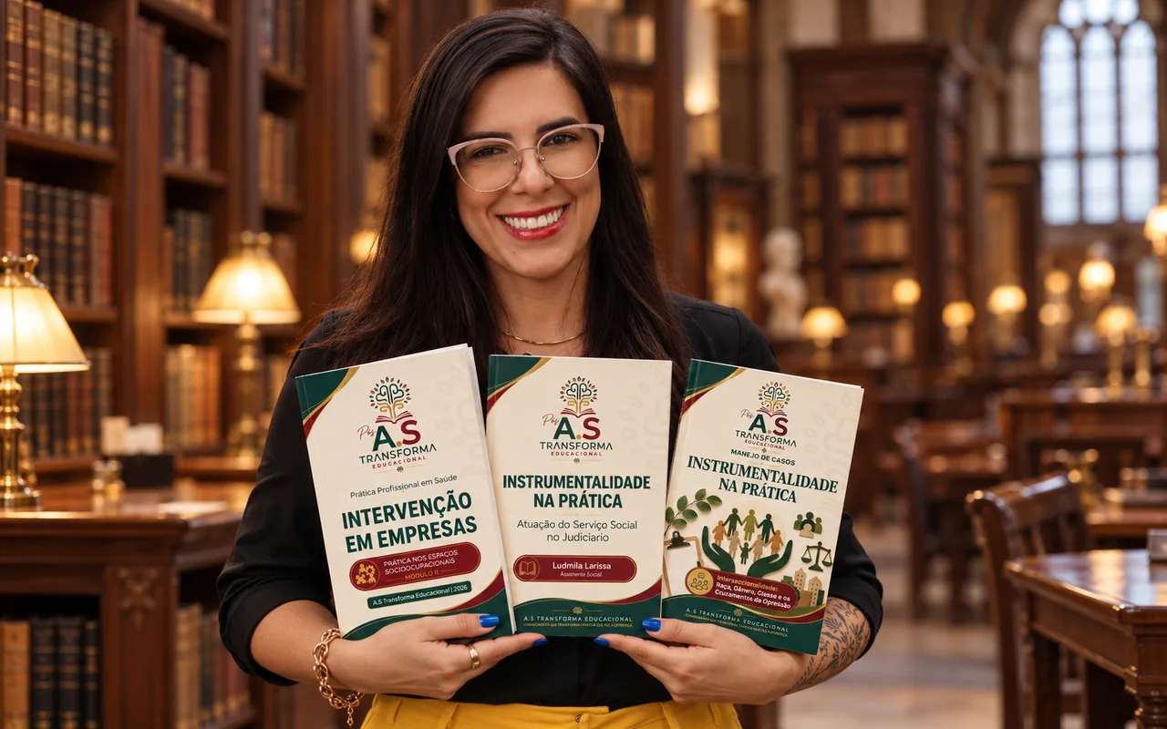Tamara Almeida segurando três e-books da pós A.S Transforma em uma biblioteca.