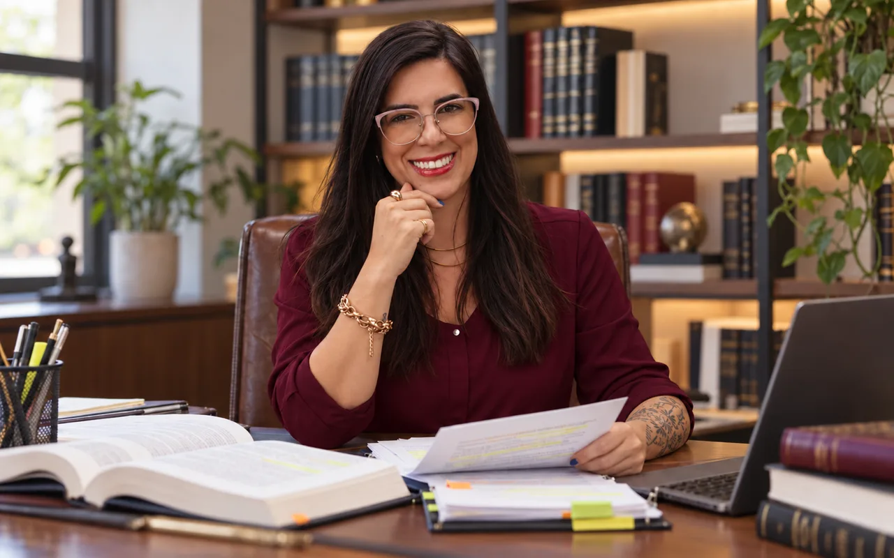Tamara Almeida sorrindo à mesa de trabalho, com livros e documentos anotados.