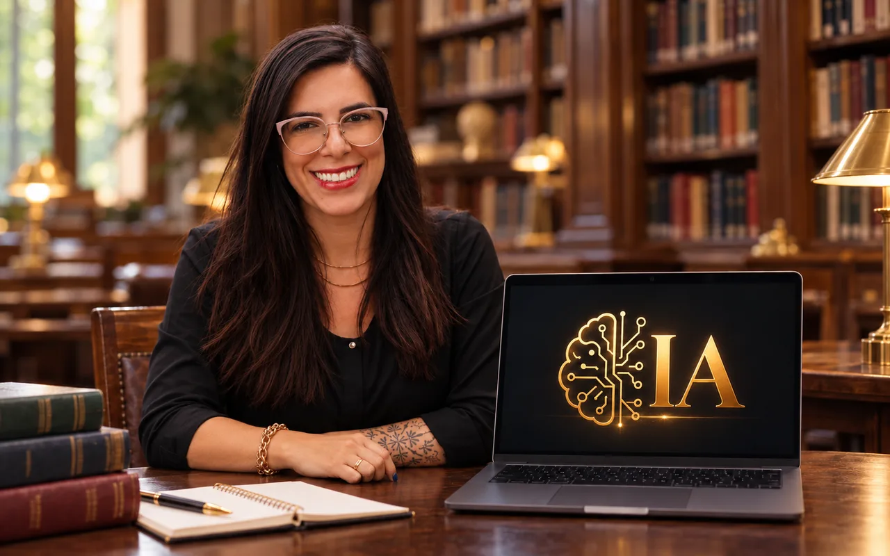 Tamara Almeida em uma biblioteca, ao lado de um notebook com a sigla IA na tela.